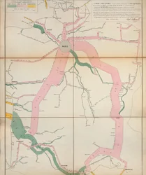 Karte der ungefähren Tonnage der 1857 in Frankreich auf Wasserwegen und per Eisenbahn beförderten Weine und Spirituosen, 1860